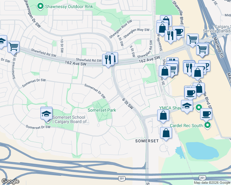 map of restaurants, bars, coffee shops, grocery stores, and more near 22 Somerset Gate Southwest in Calgary