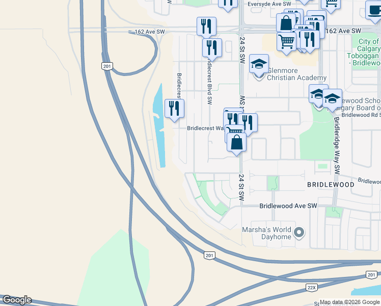map of restaurants, bars, coffee shops, grocery stores, and more near 99 Bridlecrest Road Southwest in Calgary