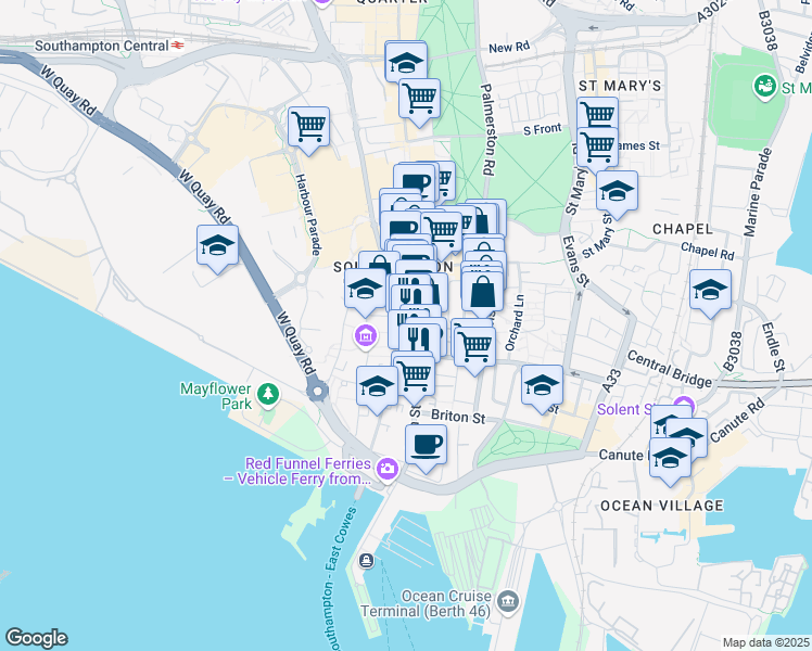 map of restaurants, bars, coffee shops, grocery stores, and more near West Street in Southampton