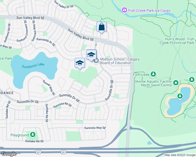 map of restaurants, bars, coffee shops, grocery stores, and more near 1491 Sunwood Road Southeast in Calgary