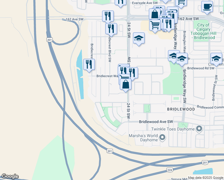 map of restaurants, bars, coffee shops, grocery stores, and more near 16969 24 Street Southwest in Calgary