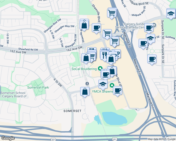 map of restaurants, bars, coffee shops, grocery stores, and more near 280 Shawville Way Southeast in Calgary