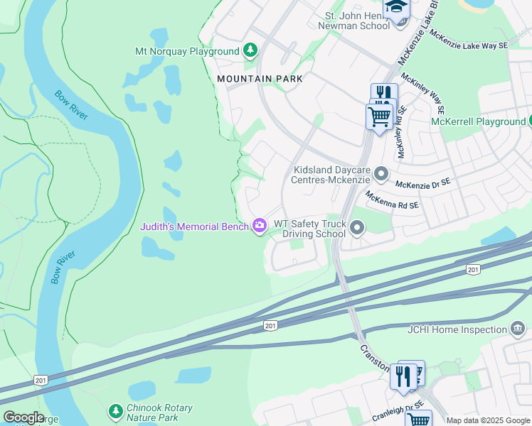 map of restaurants, bars, coffee shops, grocery stores, and more near 17 Mount Kidd Point Southeast in Calgary