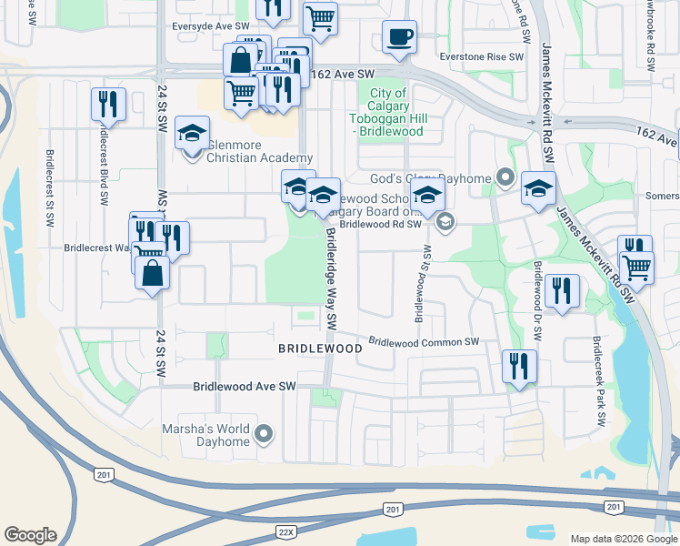 map of restaurants, bars, coffee shops, grocery stores, and more near 41 Bridlepost Green Southwest in Calgary
