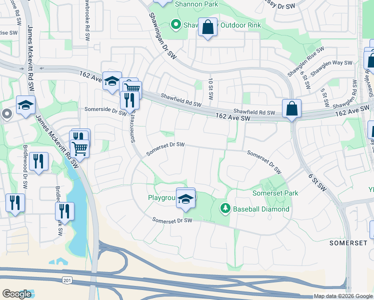 map of restaurants, bars, coffee shops, grocery stores, and more near in Calgary