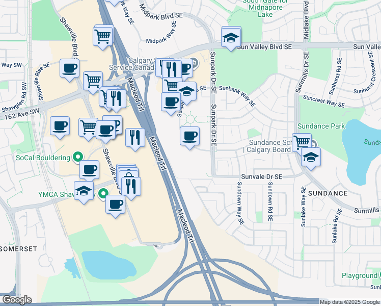 map of restaurants, bars, coffee shops, grocery stores, and more near 55 Sunpark Plaza Southeast in Calgary