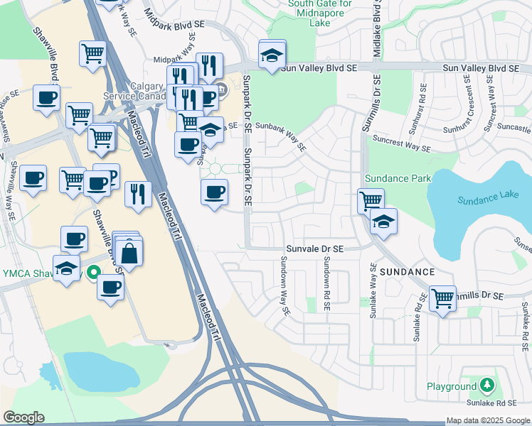 map of restaurants, bars, coffee shops, grocery stores, and more near 131 Sunvale Crescent Southeast in Calgary