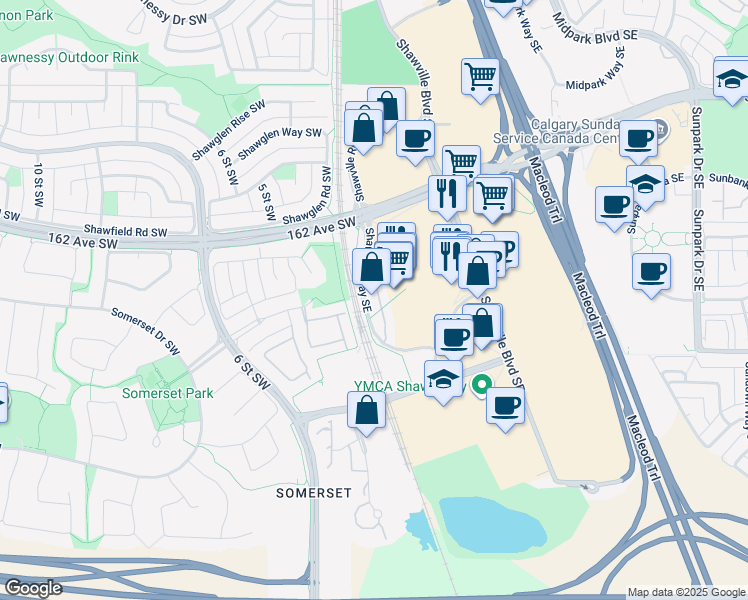 map of restaurants, bars, coffee shops, grocery stores, and more near 270 Shawville Way Southeast in Calgary