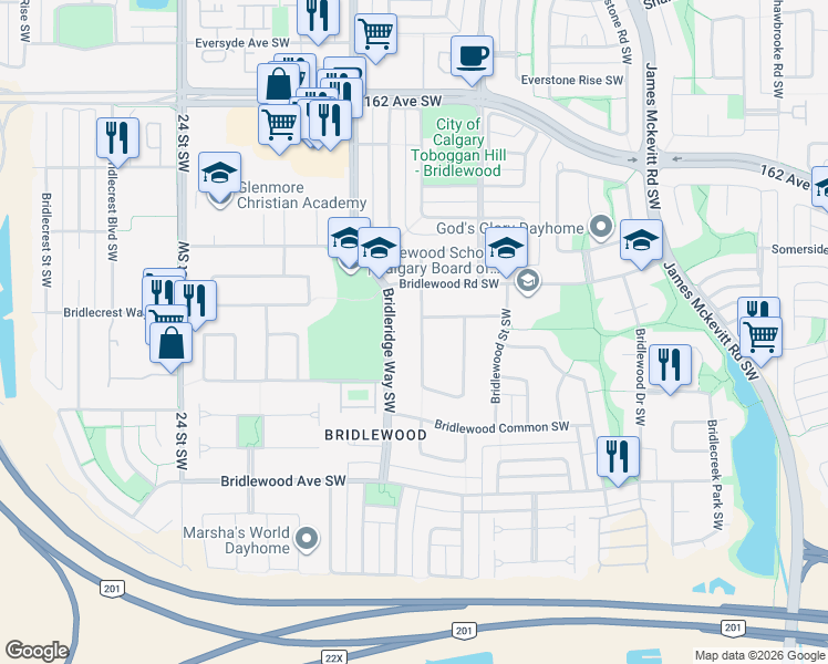 map of restaurants, bars, coffee shops, grocery stores, and more near 41 Bridlepost Green Southwest in Calgary