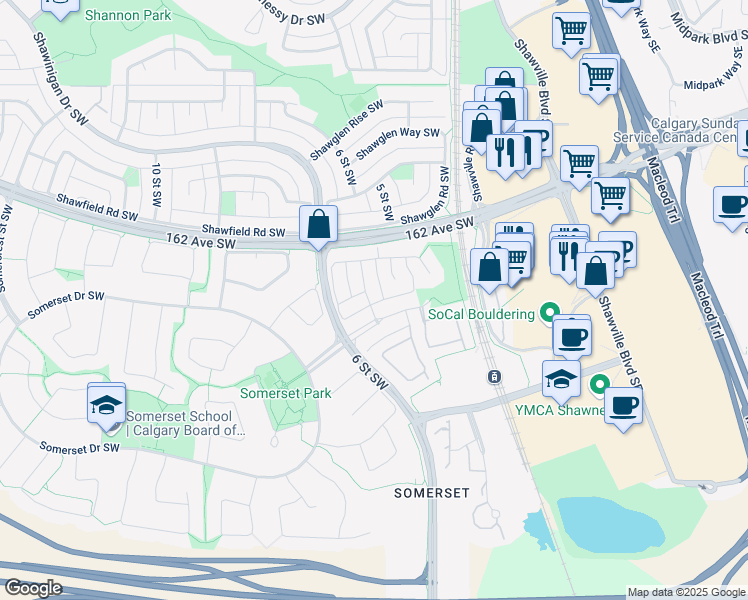 map of restaurants, bars, coffee shops, grocery stores, and more near 12 Somervale Close Southwest in Calgary