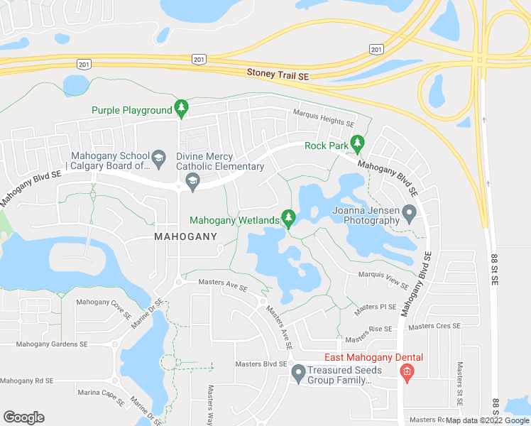 map of restaurants, bars, coffee shops, grocery stores, and more near 99 Marquis Grove Southeast in Calgary