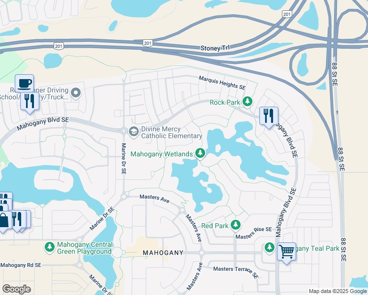 map of restaurants, bars, coffee shops, grocery stores, and more near 99 Marquis Grove Southeast in Calgary