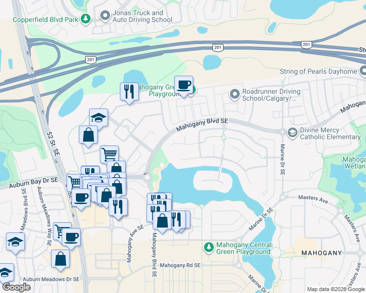 map of restaurants, bars, coffee shops, grocery stores, and more near 216 Mahogany Bay Southeast in Calgary