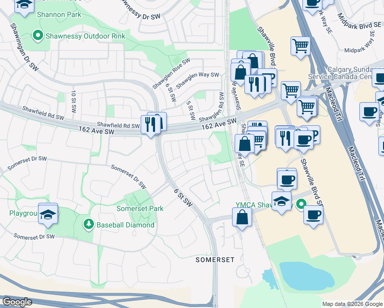 map of restaurants, bars, coffee shops, grocery stores, and more near 43 Somervale Place Southwest in Calgary