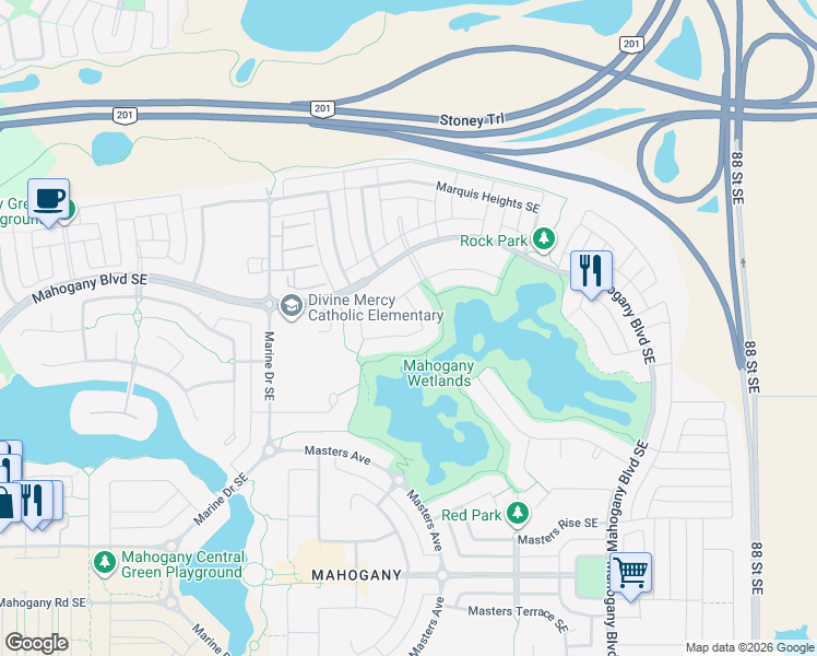map of restaurants, bars, coffee shops, grocery stores, and more near 120 Marquis Grove Southeast in Calgary
