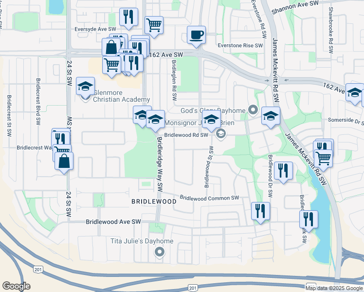 map of restaurants, bars, coffee shops, grocery stores, and more near 64 Bridlewood Gardens Southwest in Calgary