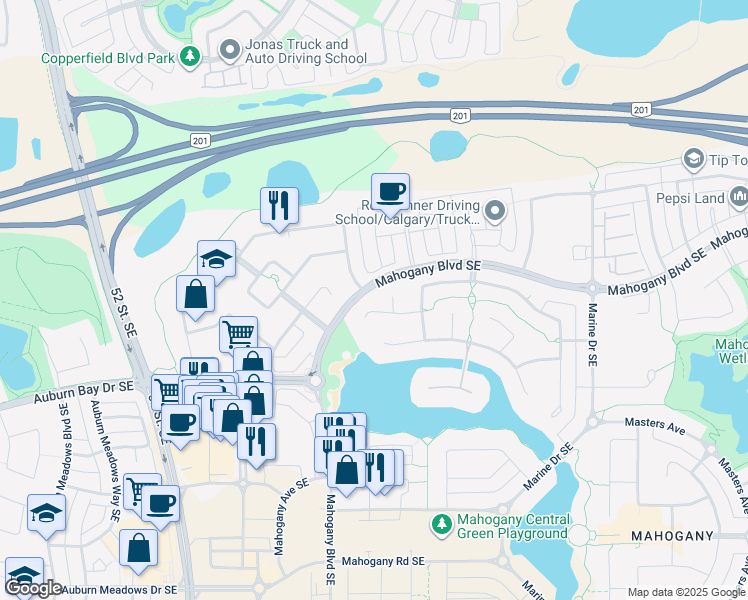 map of restaurants, bars, coffee shops, grocery stores, and more near 214 200 Mahogany Bay Southeast in Calgary