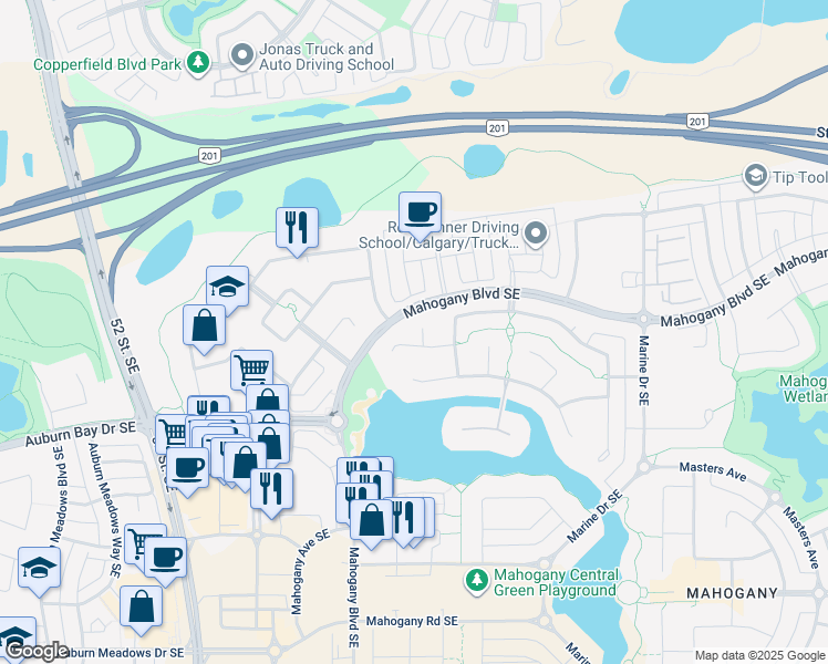 map of restaurants, bars, coffee shops, grocery stores, and more near 200 Mahogany Bay Southeast in Calgary