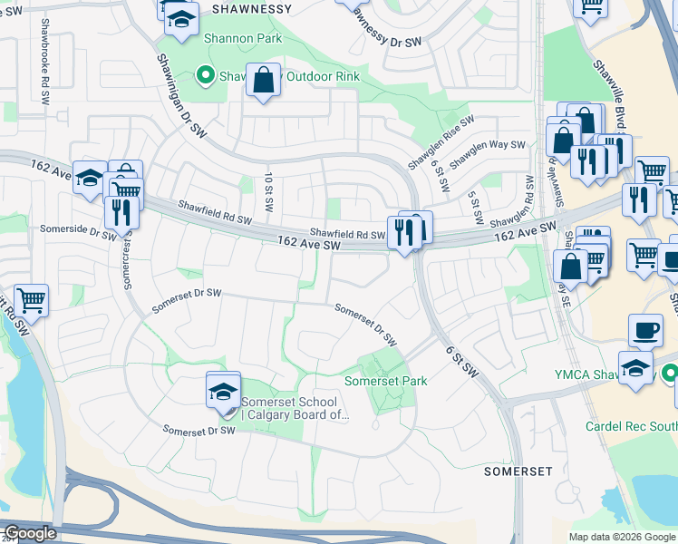 map of restaurants, bars, coffee shops, grocery stores, and more near 50 Somercrest Circle Southwest in Calgary