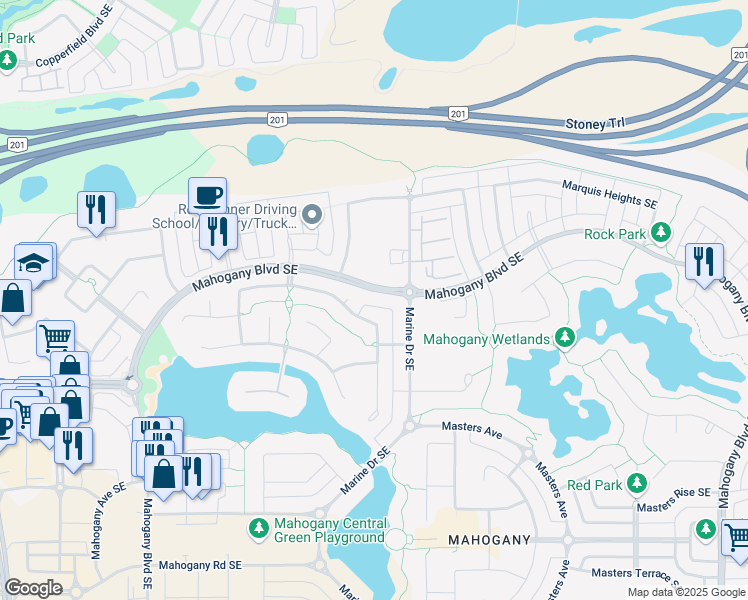 map of restaurants, bars, coffee shops, grocery stores, and more near 165 Mahogany Boulevard Southeast in Calgary