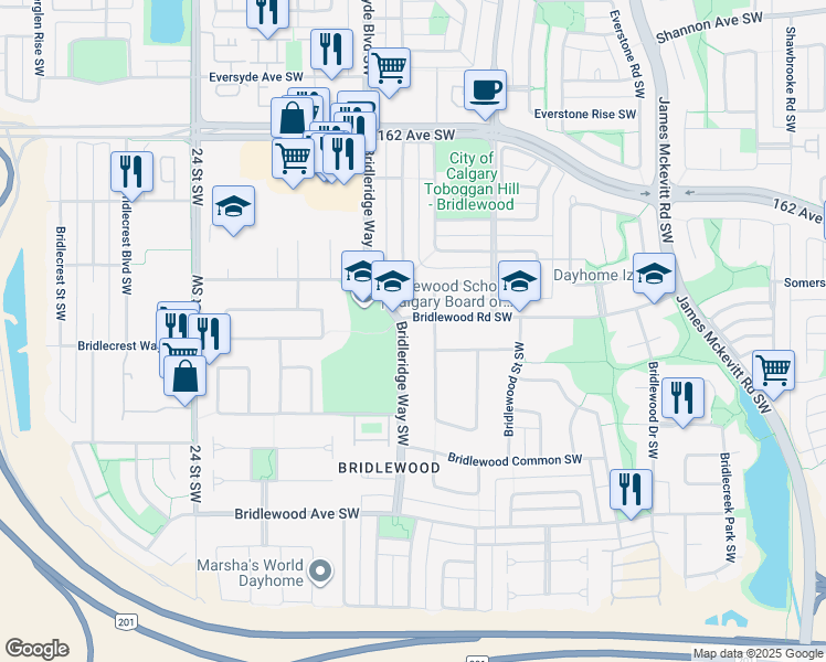 map of restaurants, bars, coffee shops, grocery stores, and more near 190 Bridleridge Way Southwest in Calgary