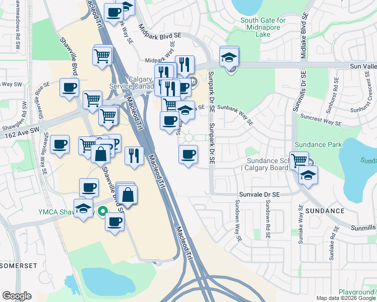 map of restaurants, bars, coffee shops, grocery stores, and more near 30 Sunpark Plaza Southeast in Calgary