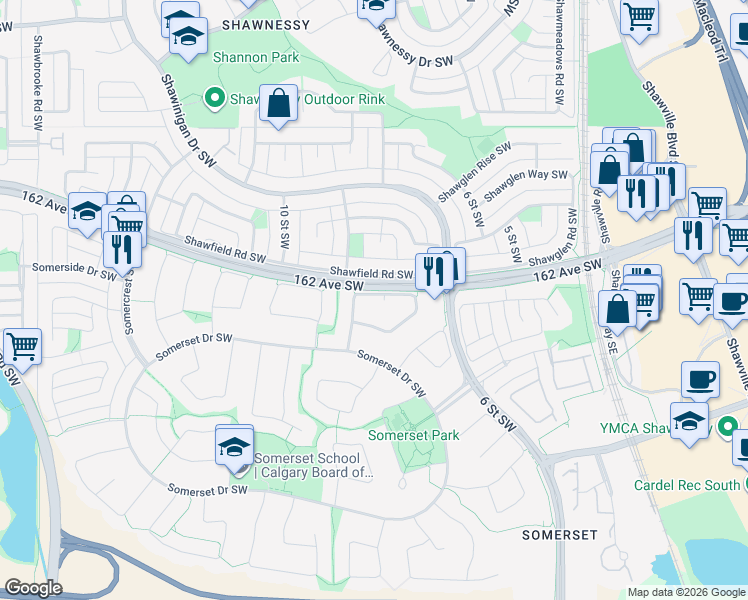 map of restaurants, bars, coffee shops, grocery stores, and more near 50 Somercrest Circle Southwest in Calgary