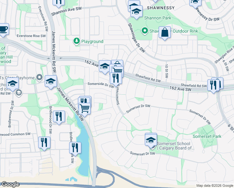map of restaurants, bars, coffee shops, grocery stores, and more near Somercrest Street Southwest in Calgary
