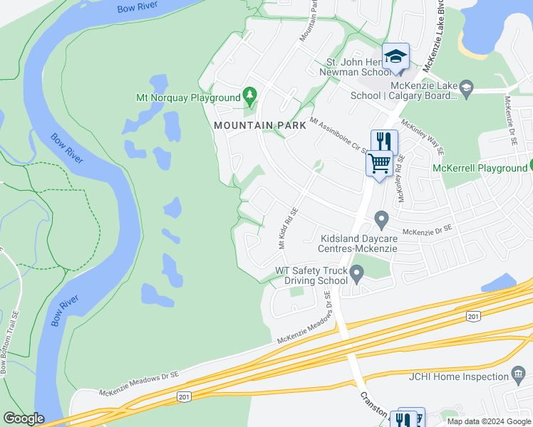 map of restaurants, bars, coffee shops, grocery stores, and more near 38 Mt Kidd Gardens SE in Calgary