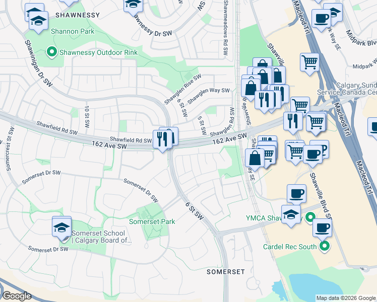 map of restaurants, bars, coffee shops, grocery stores, and more near 68 Somervale Close Southwest in Calgary