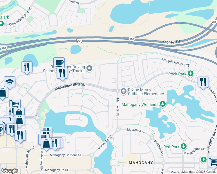 map of restaurants, bars, coffee shops, grocery stores, and more near 165 Mahogany Boulevard Southeast in Calgary