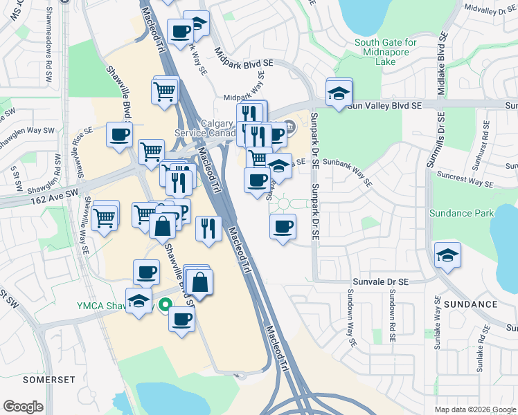 map of restaurants, bars, coffee shops, grocery stores, and more near 31 Sunpark Plaza Southeast in Calgary