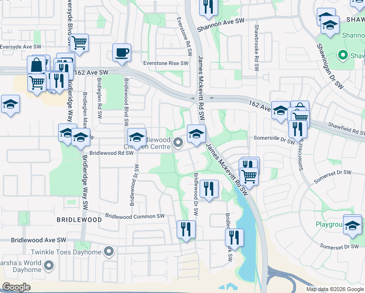 map of restaurants, bars, coffee shops, grocery stores, and more near 52 Bridlewood Road Southwest in Calgary