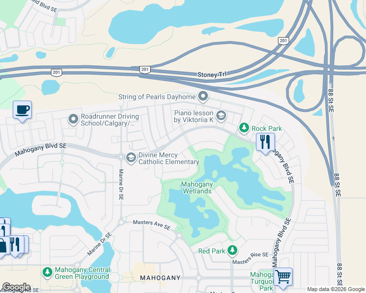 map of restaurants, bars, coffee shops, grocery stores, and more near 206 200 Marquis Point Southeast in Calgary