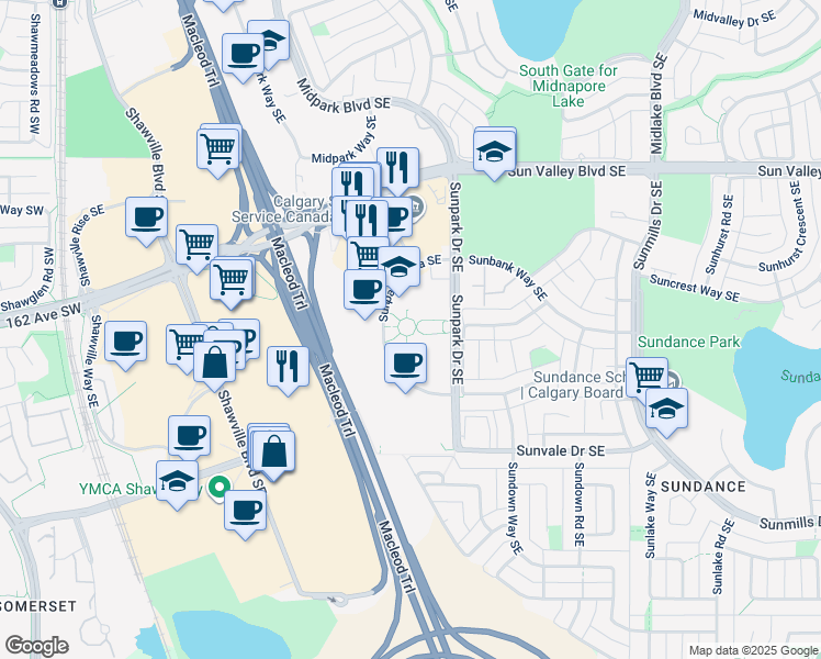 map of restaurants, bars, coffee shops, grocery stores, and more near 30 Sunpark Plaza Southeast in Calgary