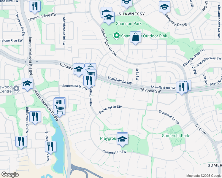 map of restaurants, bars, coffee shops, grocery stores, and more near 120 Somercrest Grove Southwest in Calgary
