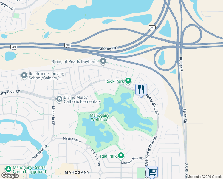 map of restaurants, bars, coffee shops, grocery stores, and more near 218 100 Marquis Point Southeast in Calgary