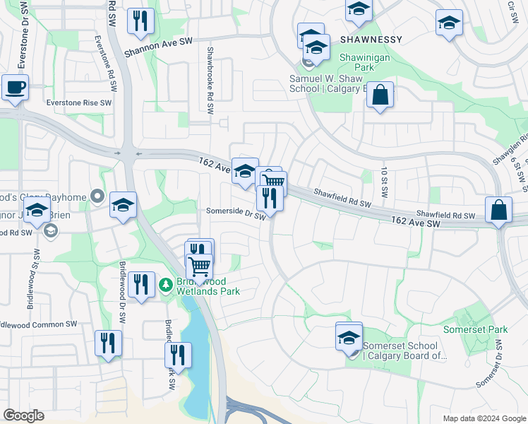 map of restaurants, bars, coffee shops, grocery stores, and more near 1310 Somerside Drive Southwest in Calgary