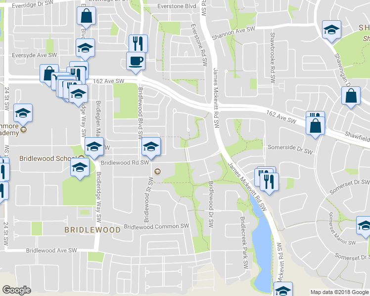 map of restaurants, bars, coffee shops, grocery stores, and more near 274 Bridlewood Circle Southwest in Calgary