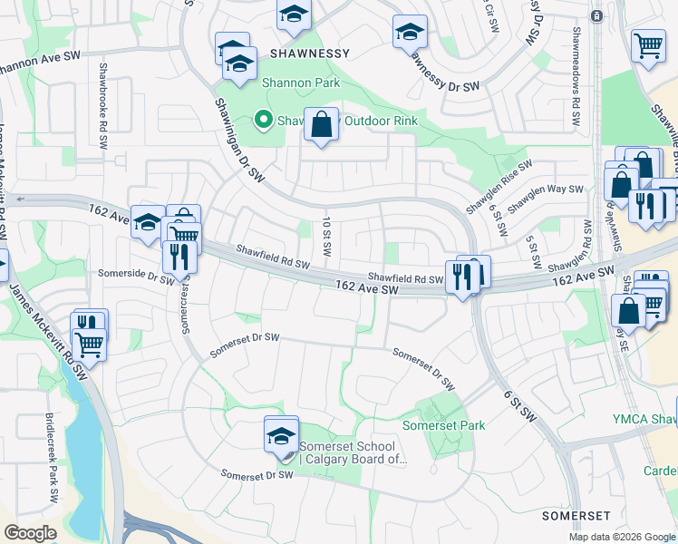 map of restaurants, bars, coffee shops, grocery stores, and more near Shawfield Road Southwest in Calgary