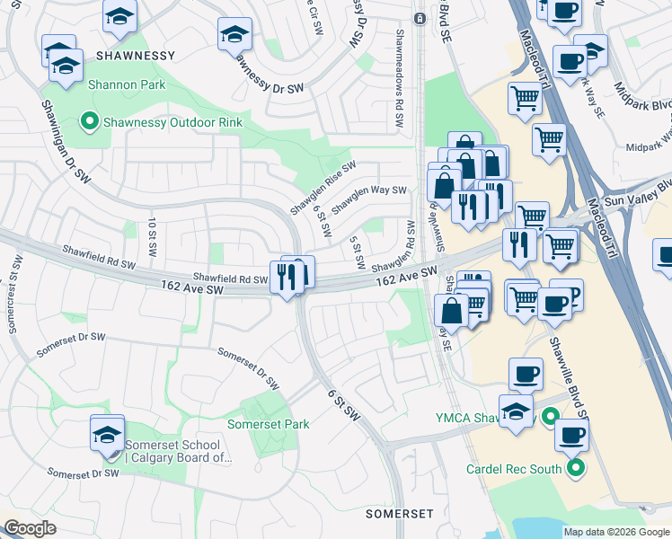 map of restaurants, bars, coffee shops, grocery stores, and more near 68 Somervale Close Southwest in Calgary