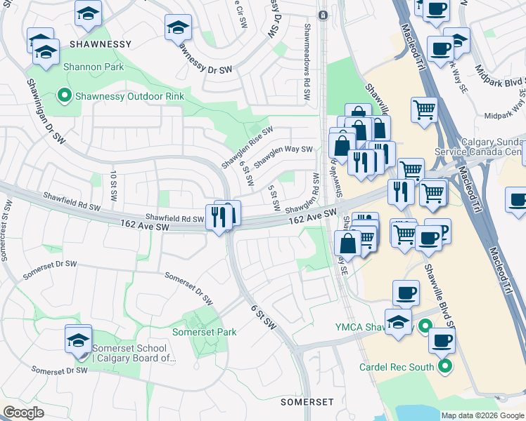 map of restaurants, bars, coffee shops, grocery stores, and more near 68 Somervale Close Southwest in Calgary
