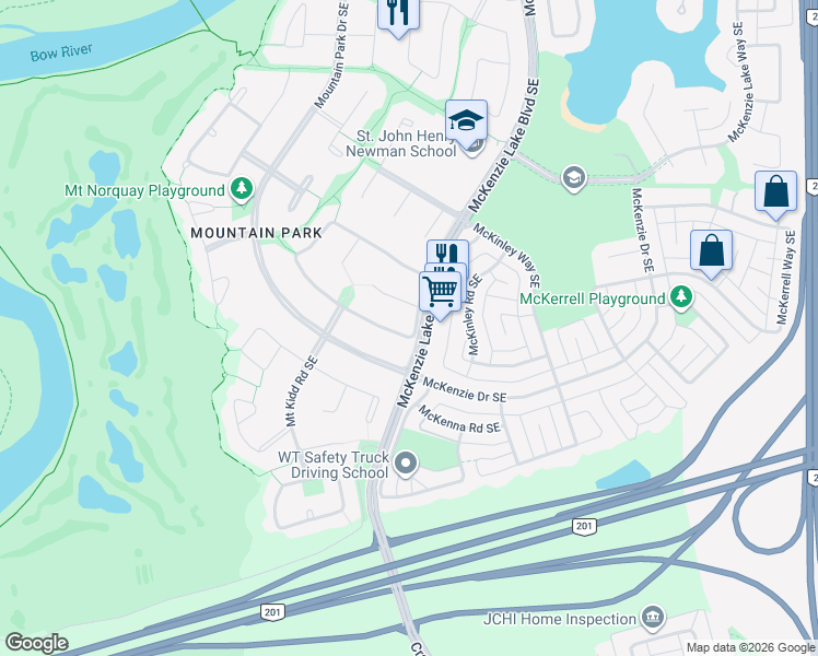map of restaurants, bars, coffee shops, grocery stores, and more near 232 Mount Assiniboine Circle Southeast in Calgary