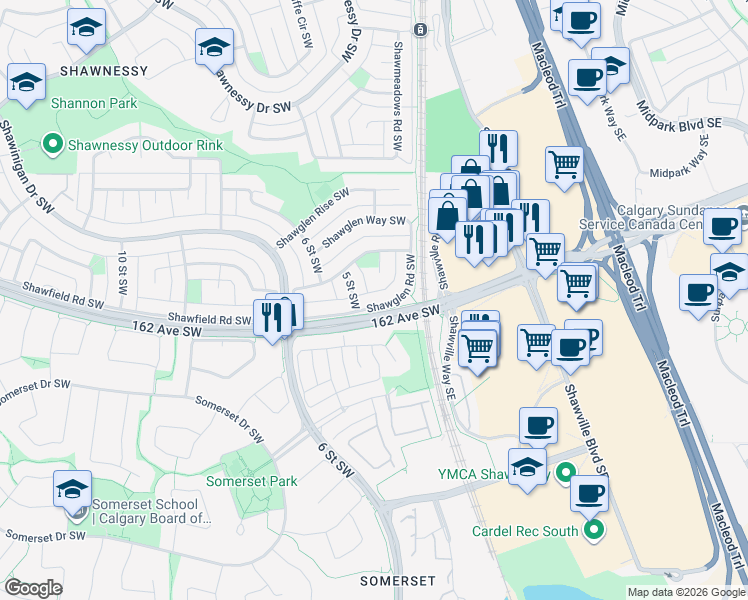 map of restaurants, bars, coffee shops, grocery stores, and more near in Calgary