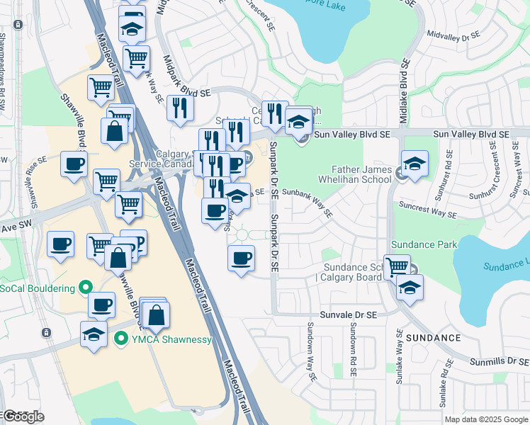 map of restaurants, bars, coffee shops, grocery stores, and more near 47 Sunpark Drive Southeast in Calgary