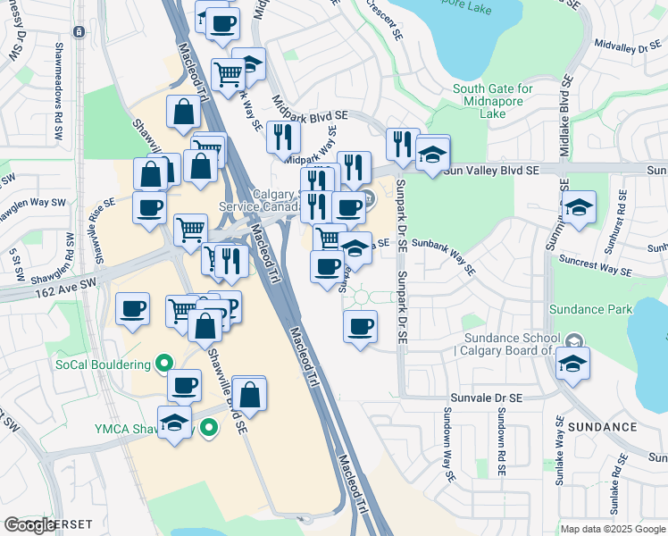 map of restaurants, bars, coffee shops, grocery stores, and more near 15 Sunpark Plaza Southeast in Calgary