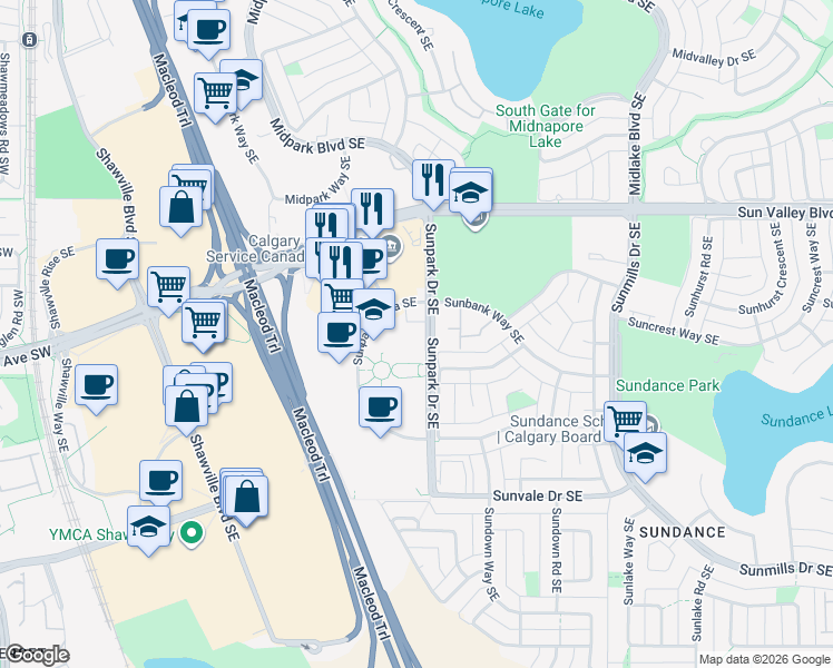 map of restaurants, bars, coffee shops, grocery stores, and more near 47 Sunpark Drive Southeast in Calgary