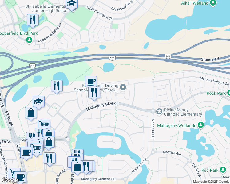 map of restaurants, bars, coffee shops, grocery stores, and more near 46 Mahogany Grove Southeast in Calgary