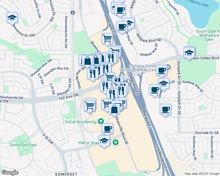 map of restaurants, bars, coffee shops, grocery stores, and more near 250 Shawville Boulevard Southeast in Calgary