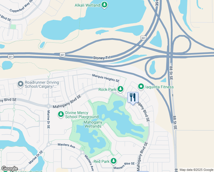 map of restaurants, bars, coffee shops, grocery stores, and more near 13 Marquis Link Southeast in Calgary
